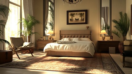 An inviting bedroom showcasing a soft area rug complementing the decor. 