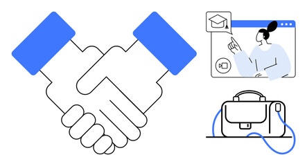 Handshake symbolizing partnership, person engaging in online learning session, and a briefcase. Ideal for business, teamwork, education, remote work, negotiations, professional growth, networking