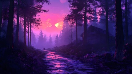 Fototapeta premium A serene twilight scene with a figure walking along a misty forest path.