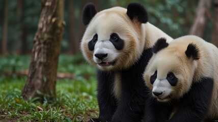 Fototapeta premium Two giant pandas, one adult and one cub, in a lush green forest.