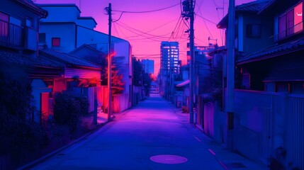 Obraz premium A serene twilight street scene in vibrant purple hues.