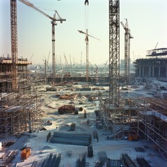 construction site with cranes and scaffolding during daylight