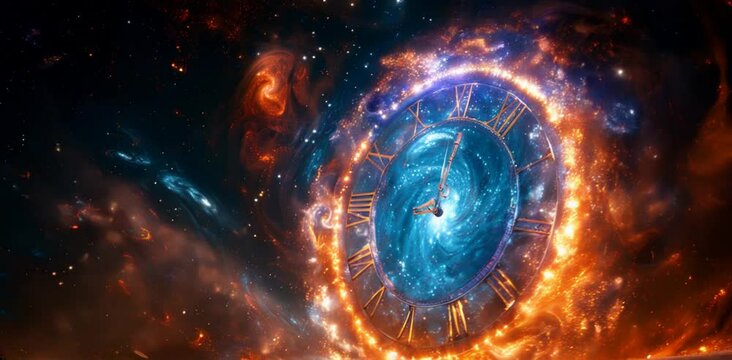 A mesmerizing cosmic background featuring the spinning wheel of time, blending celestial visuals with abstract representations of astrology, tarot, numerology, esotericism, and science. A captivating 