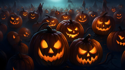 Fototapeta premium a bunch of halloween pumpkins sitting in the middle of a cemetery