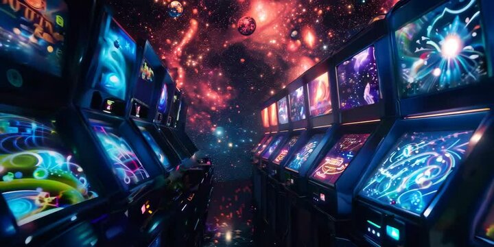 Retro space arcade amidst swirling cosmic dust, 4K Video
