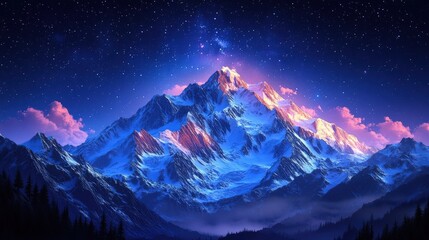 A majestic snow-capped mountain under a starry sky with vibrant colors at sunrise.