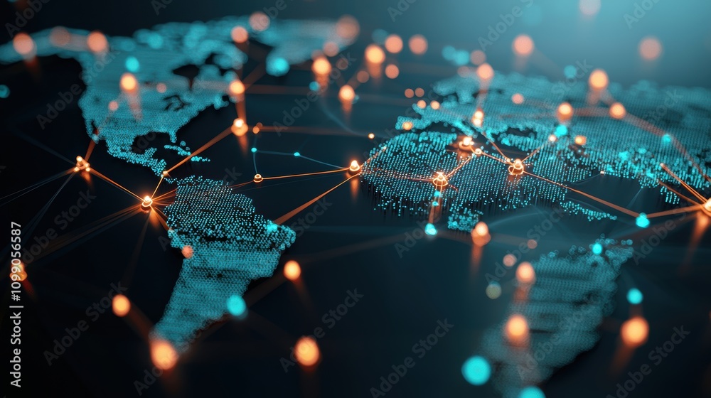 Poster a global map with interconnected nodes representing data centers and network hubs, illustrating the 