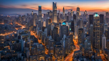 Obraz premium Aerial View of a Vibrant Cityscape at Twilight, Illuminated Skyscrapers, Urban Landscape, Traffic Lights