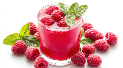 Raspberry juice in glass isolated on white background.