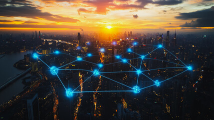Fototapeta premium Smart digital Innovation city with connection network reciprocity over the sunset cityscape. of future wireless digital city and social media networking systems that connects people with in city