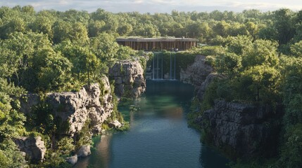 Fototapeta premium Harmony in Data and Nature: 3D Render of Data Lakehouse Integration with Natural Landscape