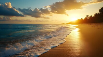 Naklejka premium Stunning sunset over a tranquil beach with golden waves and clouds.