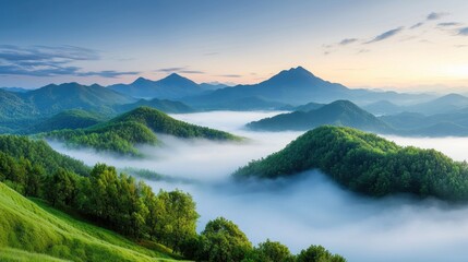 Fototapeta premium A panoramic view of a valley blanketed in a sea of fog, with the peaks of mountains piercing through the clouds, creating a sense of mystery, serenity, and the beauty of the natural world.