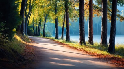 Obraz premium Serene Nature Pathway with Lush Green Trees and Soft Sunlight Glimmering off Calm Water in Peaceful Autumn Landscape