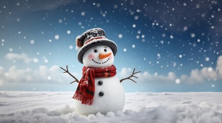 Fototapeta premium Snowman in the Snow Landscape. Christmas greeting card. Happy Snowman. Snowman for Christmas and New Year. winter snowy forest. Winter holidays. Christmas theme. Christmas banner.
