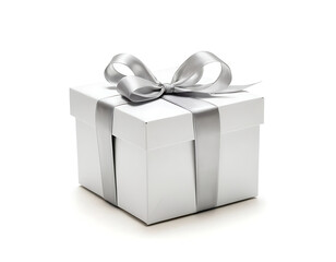 Obraz premium A white gift box tied with a silver ribbon, isolated on a white background. Perfect for birthdays, holidays, and special occasions.
