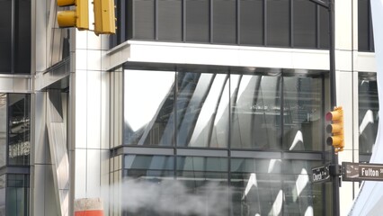 Steam vapor vented, New York City Church, Fulton street, orange vapour tube stack. Hot smoke pipe....