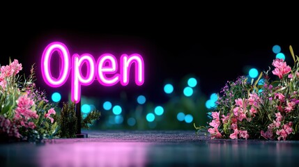 A neon sign with the word "Open" in bright purple, glowing against a dark night sky, attracting attention and signifying a welcoming atmosphere.