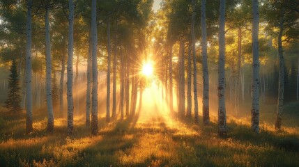 Fototapeta premium A serene forest scene with sunlight filtering through trees, creating a tranquil atmosphere.