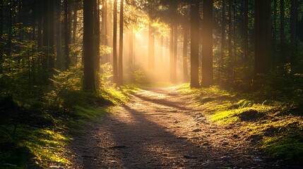 Obraz premium Serene forest path illuminated by morning sunlight filtering through the trees.