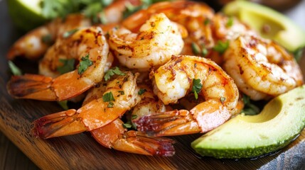 Delicious Grilled Shrimp with Fresh Avocado Slices and Herbs on a Wooden Board, Perfect for Seafood Lovers and Culinary Enthusiasts