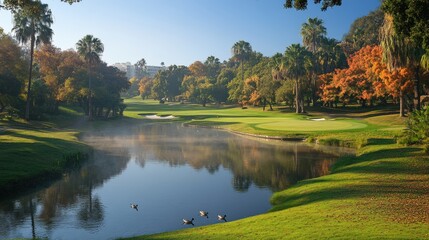 Fototapeta premium A serene golf course reflecting autumn colors and a calm lake with ducks.