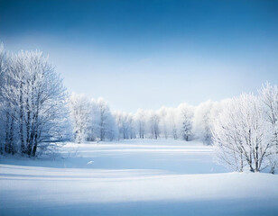 Fototapeta premium A serene winter landscape with snow-covered trees and a vast field. The clear blue sky and bright sunlight create a peaceful and inviting scene