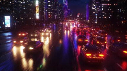 Fototapeta premium Night city traffic jam, rain.