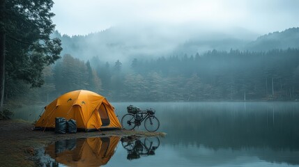 A serene lakeside scene featuring an orange tent and bicycle amidst foggy mountains.