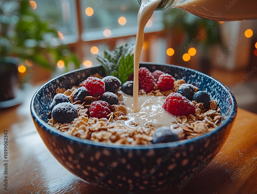 Wall mural A bowl of granola topped with fresh berries, drizzled with milk, set against a cozy, warmly lit background.