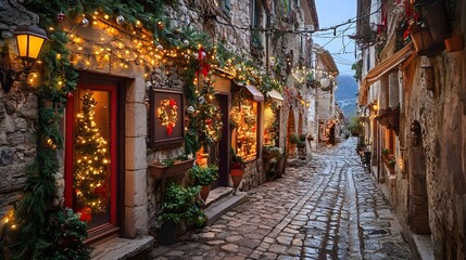 Fototapeta premium Charming street adorned with festive lights and decorations during the holiday season.