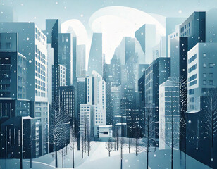 A serene winter cityscape with snow-covered buildings and trees. The falling snow adds a magical touch to the urban scene