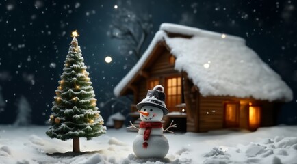 Winter background. Christmas card with Christmas tree on night snowy background. Christmas greeting card.