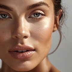 Fototapeta premium Close-up of an elegant woman with natural makeup and glowing skin. Ideal for beauty, skincare, and cosmetics promotions, highlighting natural beauty and high-quality advertisement concepts.. 