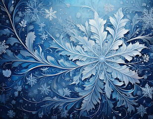 A mesmerizing winter scene featuring intricate frost patterns in shades of blue and white. The delicate, swirling design creates a magical, almost ethereal atmosphere