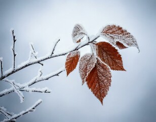 A delicate branch covered in frost, holding onto its last few autumn leaves. The contrast of the crisp white frost and warm brown leaves creates a stunning winter scene