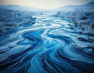 A mesmerizing winter scene with a winding river frozen into a stunning abstract pattern. The icy surface reflects the sky in shades of blue, creating a breathtaking natural artwork
