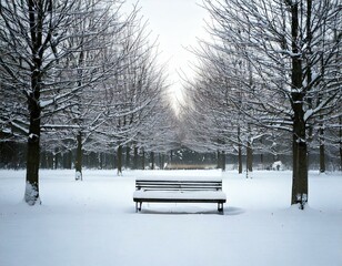 A solitary bench sits in a snow-covered park, framed by a row of bare trees. The winter scene creates a sense of tranquility and solitude