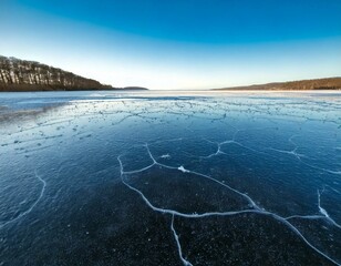 A vast, frozen lake stretches out towards the horizon under a clear blue sky. The ice surface is cracked, creating a beautiful abstract pattern