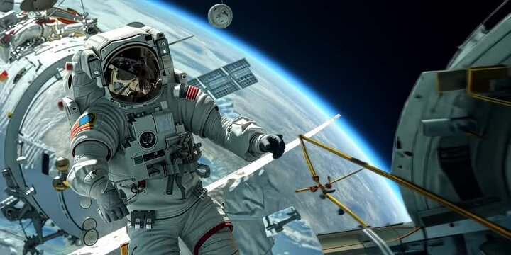 Space station with astronauts conducting experiments, 4K Video