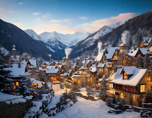 Winter wonderland: A picturesque alpine village nestled amidst snow-capped mountains