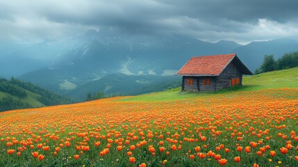 A serene landscape featuring a wooden cabin amidst a vibrant field of orange flowers under cloudy skies.