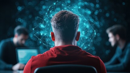 A team of diverse cybersecurity professionals collaborating in a modern office setting, analyzing data and discussing security protocols.