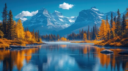 A serene landscape featuring mountains, a reflective lake, and vibrant autumn foliage.