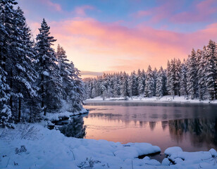Frozen river winds through a snow-kissed winter landscape, framed by a frosty forest and a serene sky