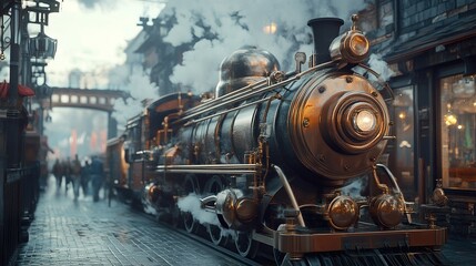 Naklejka premium A Majestic Steam Train in a Charming Old Town Setting