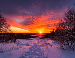Frozen winter landscape with a breathtaking sunset over a serene river