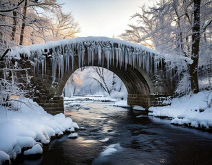A stone arch bridge spans a wintery river, framed by snow-kissed trees and a vast, open landscape