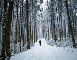 A lone figure walks along a snowy path through a winter wonderland forest
