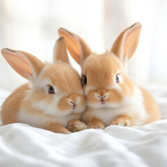 Obraz premium Snuggling baby rabbits on soft white surface, showcasing their adorable features and fluffy fur. Their close bond evokes warmth and joy